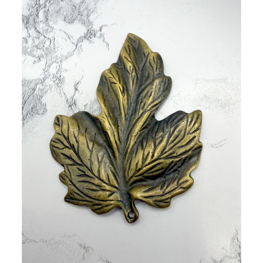 Vintage Brass Leaf Pendant Charm Large Textured Nature Design 2.75"